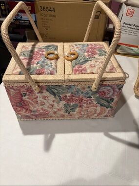 Azar Floral Pink and Green Woven Sewing Basket with Dual Handles